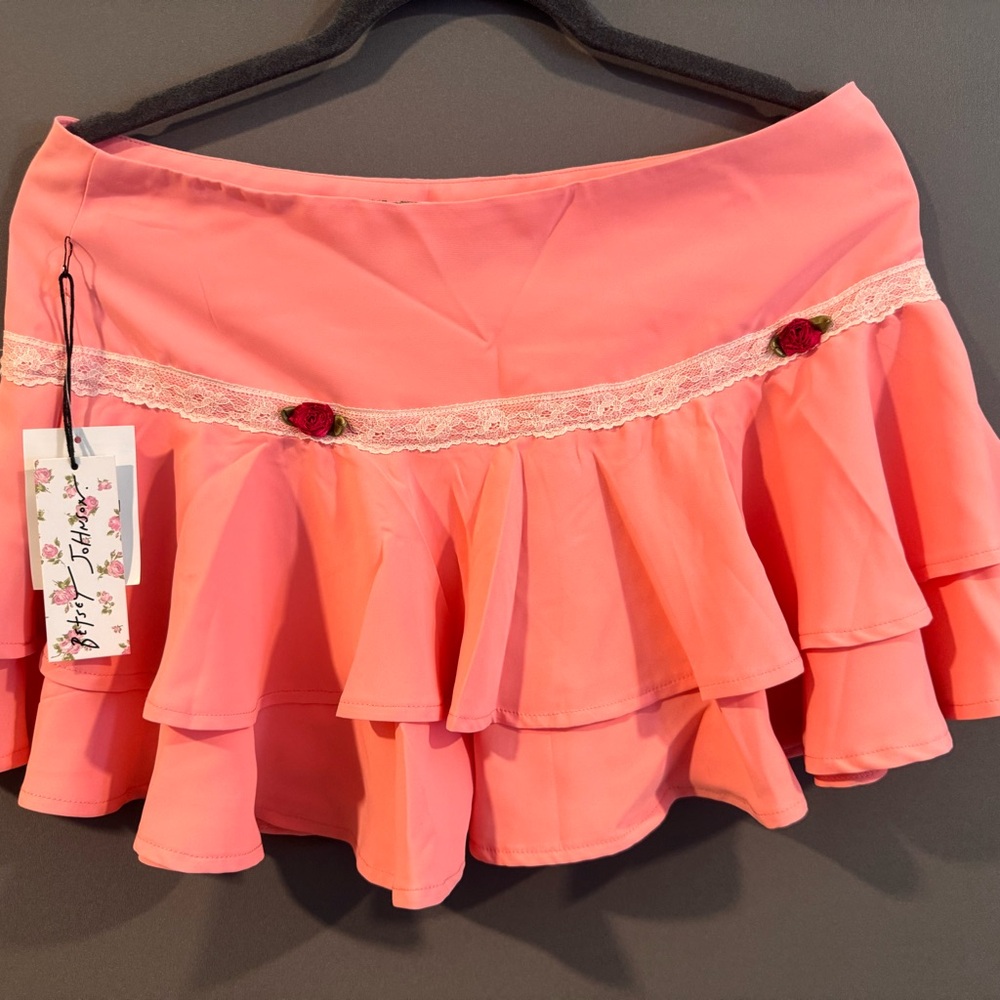 Betsey Johnson Coral Pink Ruffled Mini Skirt with Lace Trim